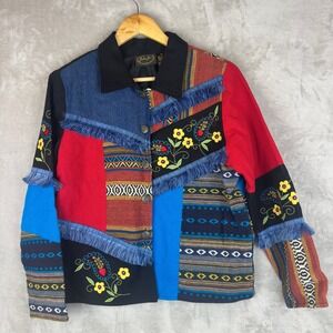Julia Kim Patchwork Jacket Fringe Trim Embroidered Boho Hippie Style Size Small